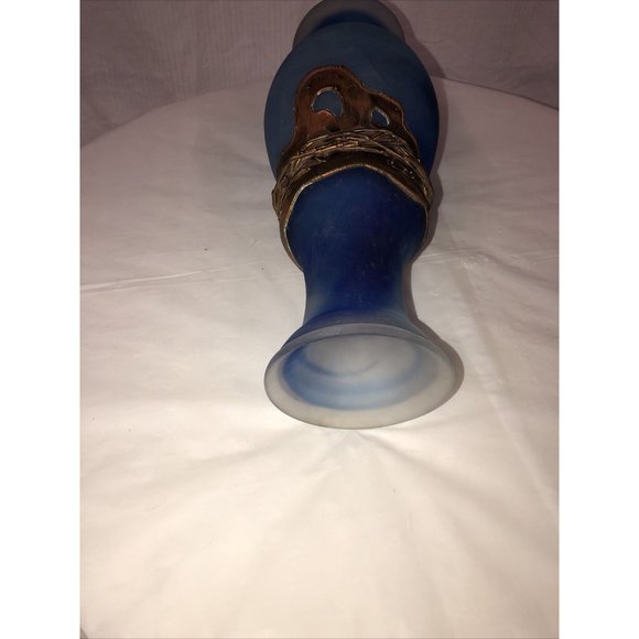 Handmade Art Glass Vase Coated Metal Blue - Picture 8 of 9